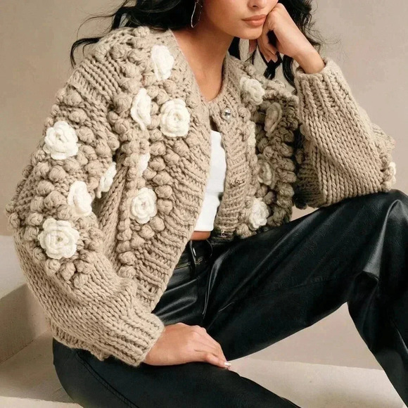 Khaki Casual Women's Crew Neck Long Sleeve Thick Knitted Loose Sweater Jacket - Picture 7 of 7